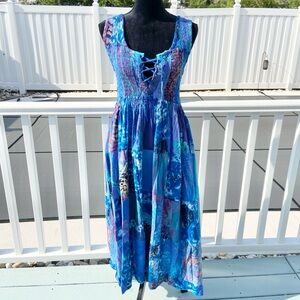 S&S Indonesian Blue Boho Batik-Style Tie Dye Patchwork Maxi Dress Size Large